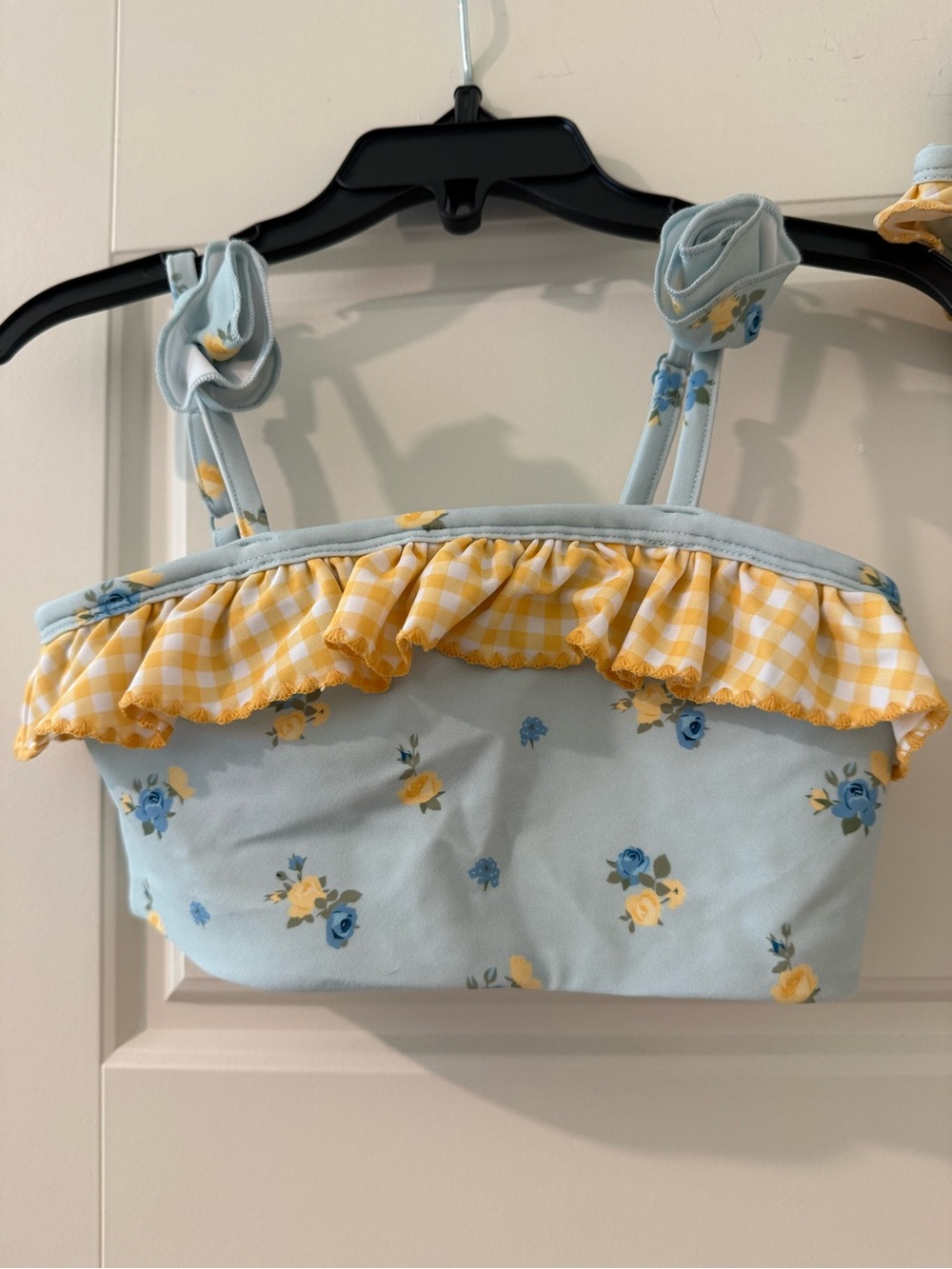 Girls Floral Gingham Ruffle Bikini Top - Light Blue & Yellow